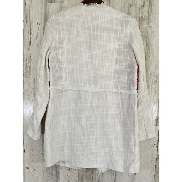 Violet B Womens Jacket Small White Hopsack Fringe Multi Crochet Hook Eye Closure - Picture 2 of 8